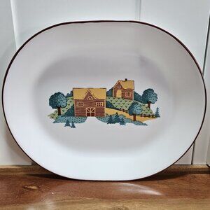 Corelle Corning Landscape Oval Serving Platter 12" red rim logcabin trees feilds